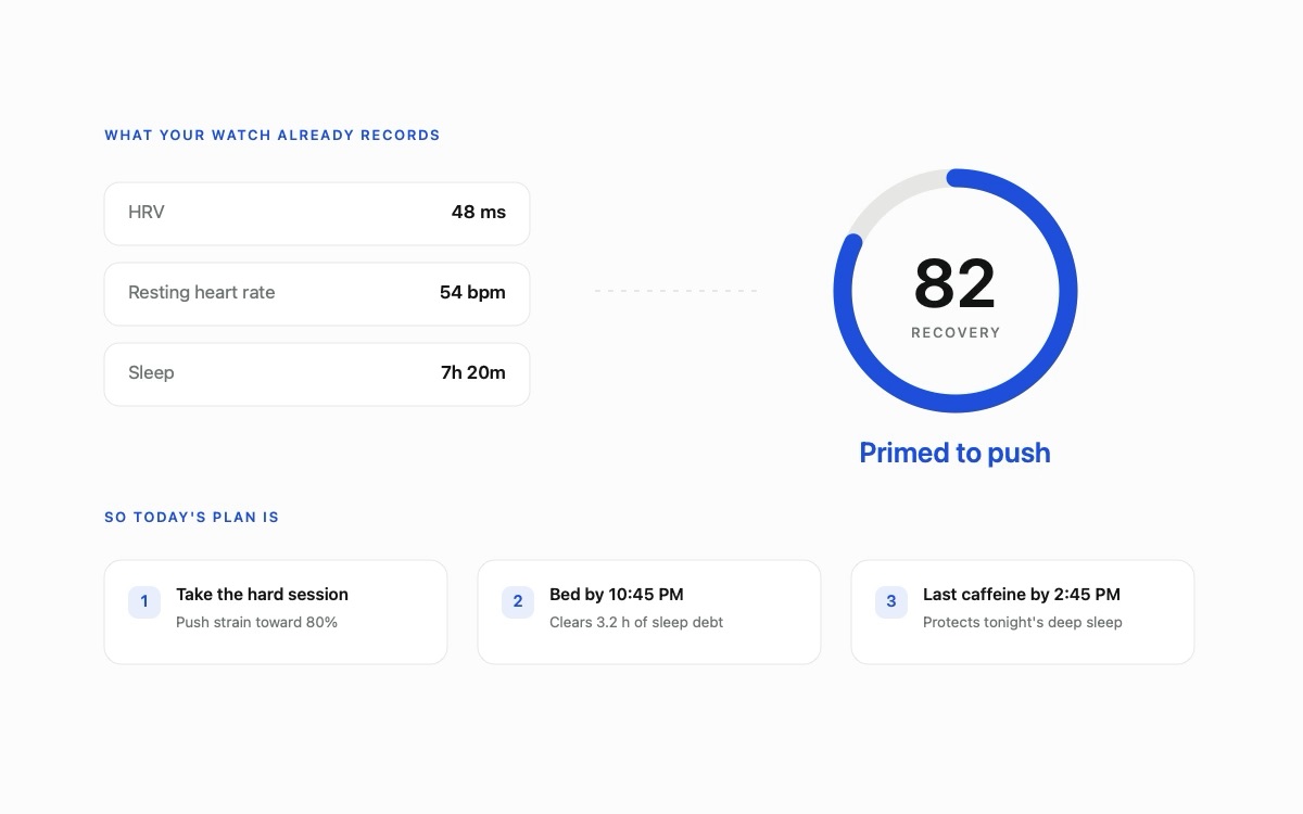 HRV, resting heart rate and sleep resolve into a recovery score of 82, a verdict of primed to push, and three actions for the day.